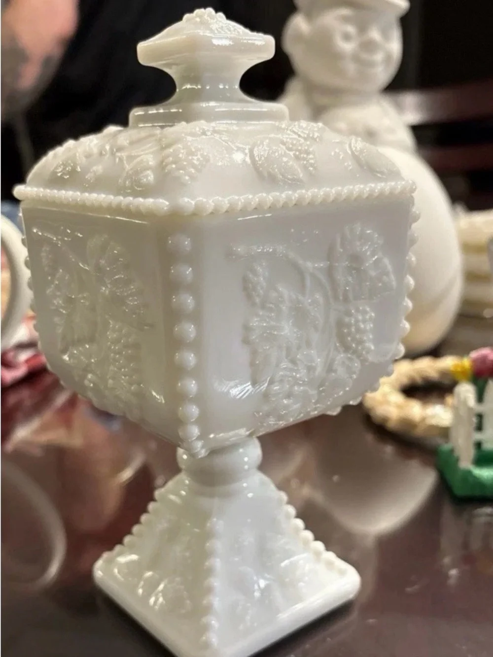White Milk Glass Decorative Covered Compote